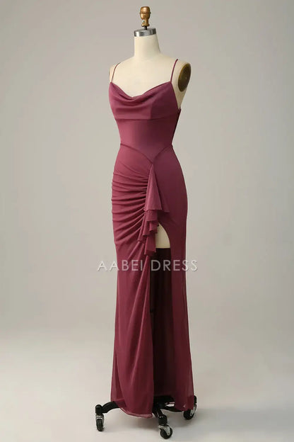 AABEI DRESS Formal Wear Dresses Sheath Spaghetti Straps Ruched Backless Cross Back Side Fork Fashion Hot Sale Prom Dress