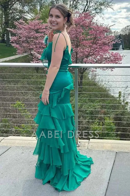 AABEI DRESS Formal Wear Dresses Sheath V-Neck Spaghetti Strap Backless Layering Ruffle with Slit Fashion Hot Sale Prom Dress