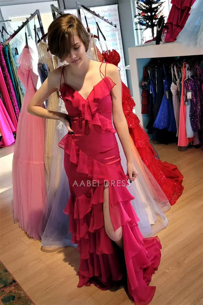 AABEI DRESS Formal Wear Dresses Sheath V-Neck Spaghetti Strap Backless Layering Ruffle with Slit Fashion Hot Sale Prom Dress