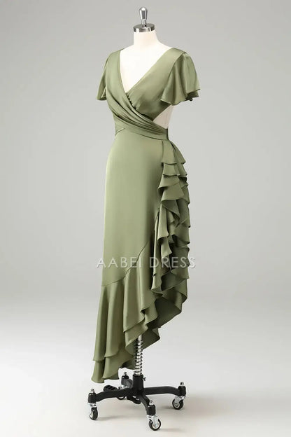 AABEI DRESS Formal Wear Dresses Sheath V Neck Flutter Sleeves Lace up Backless Irregular Ruched Hemline Fashion Hot Sale Prom Dress