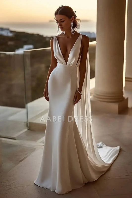 AABEI DRESS Formal Wear Dresses Simple Mermaid Sexy Deep V Neck Ribbon Sweep Train Charming Wedding Dress