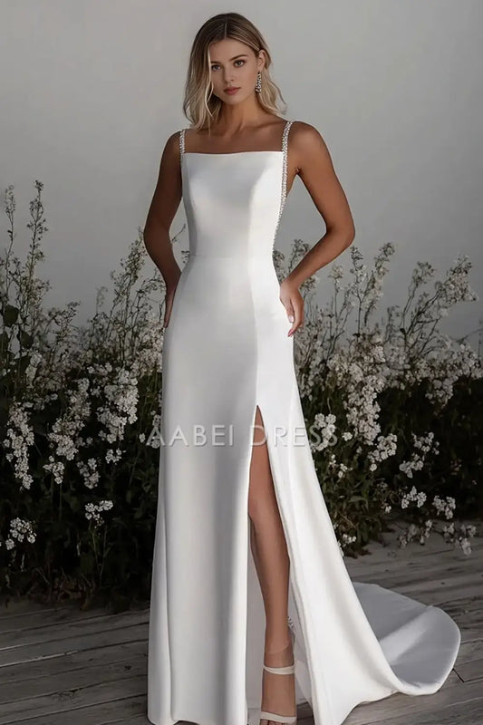 AABEI DRESS Formal Wear Dresses Simple Sheath Beadwork Spaghetti Strap Side Fork Elegant Wedding Dress