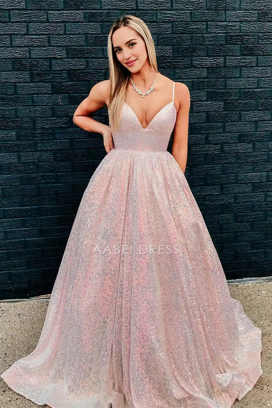 AABEI DRESS Formal Wear Dresses Sparkle A-Line V Neck Spaghetti Strap Backless Stunning Sequins Long Hot Sale Prom Dress