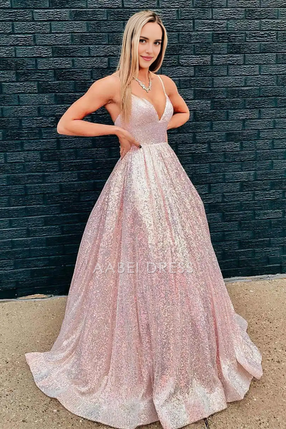 AABEI DRESS Formal Wear Dresses Sparkle A-Line V Neck Spaghetti Strap Backless Stunning Sequins Long Hot Sale Prom Dress