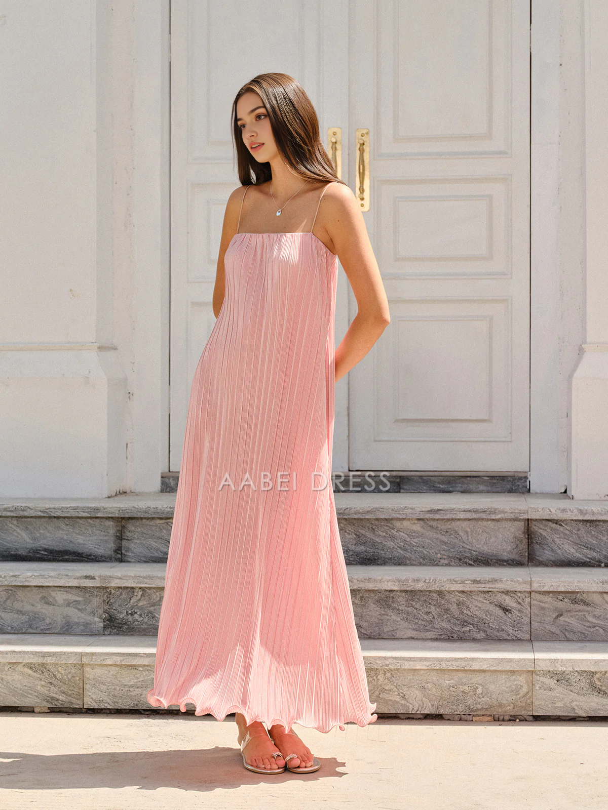 AABEI DRESS Formal Wear Dresses Straight Dress Spaghetti Strapped Vertical Pleated Fashion Hot Sale Prom Dress