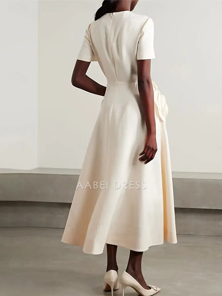 AABEI DRESS Formal Women's Dresses A-Line Crew Neck Short Sleeve Elegant Tea-Length with Appliques Prom Dress