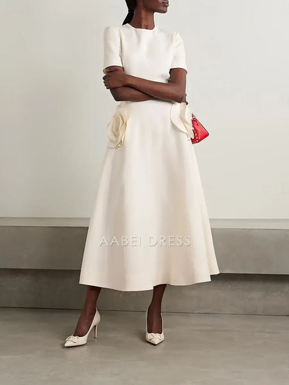 AABEI DRESS Formal Women's Dresses A-Line Crew Neck Short Sleeve Elegant Tea-Length with Appliques Prom Dress