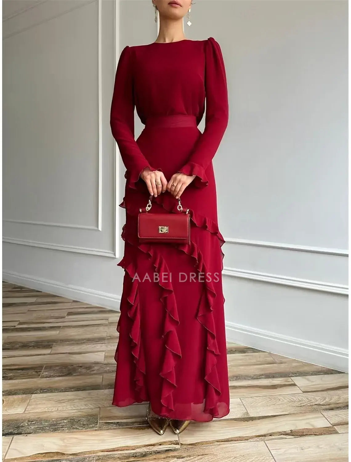 AABEI DRESS Formal Women's Dresses A-Line Long Sleeve Crew Neck Elegant Dress Floor Length with Tiers Ruffles Fashion Prom Dress