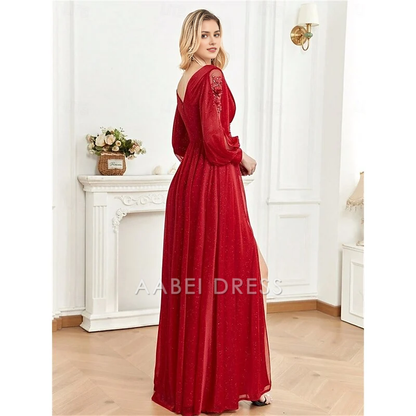 AABEI DRESS Formal Women's Dresses A-Line Long Sleeve V Neck Elegant V Back with Pleats Slit Floor Length Sparkle Red Prom Dress