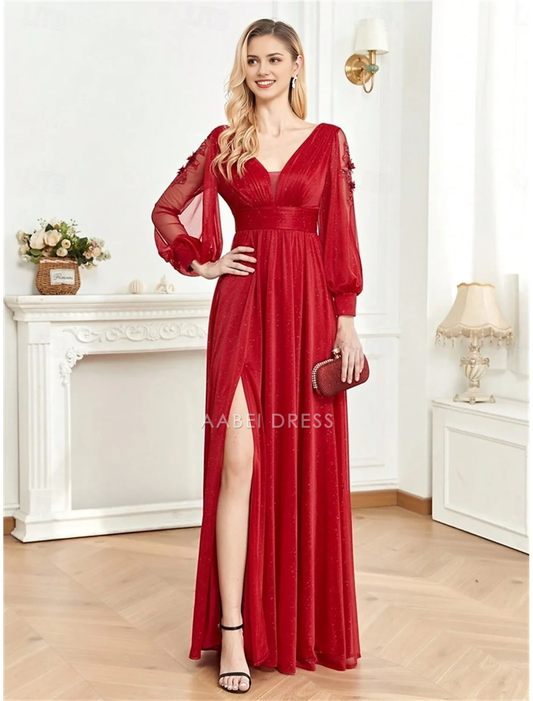 AABEI DRESS Formal Women's Dresses A-Line Long Sleeve V Neck Elegant V Back with Pleats Slit Floor Length Sparkle Red Prom Dress