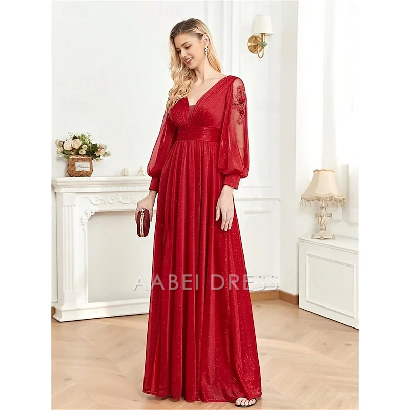 AABEI DRESS Formal Women's Dresses A-Line Long Sleeve V Neck Elegant V Back with Pleats Slit Floor Length Sparkle Red Prom Dress