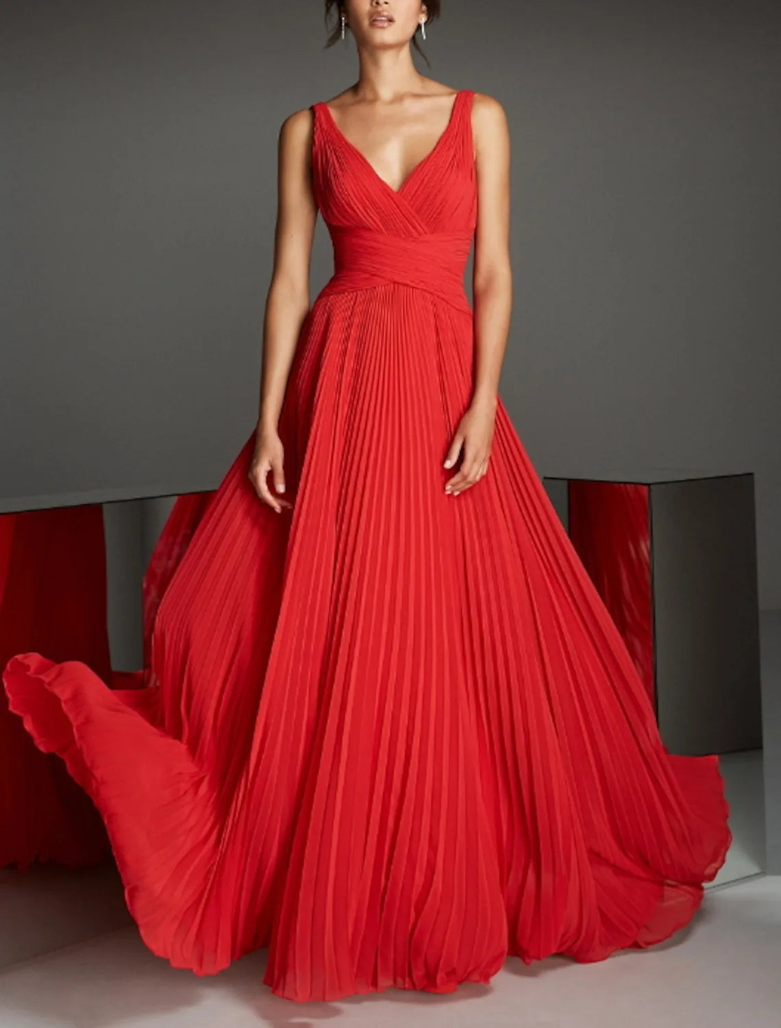 AABEI DRESS Formal Women's Dresses A-Line Sleeveless V Neck Backless Pleats Evening Gown Empire Dress Floor Length Fashion Red Prom Dress
