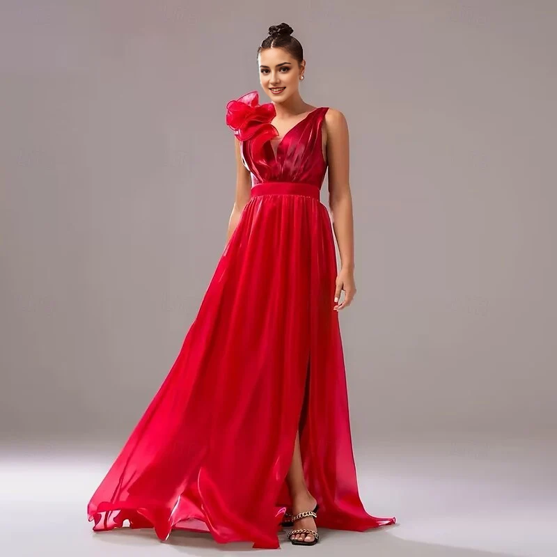 AABEI DRESS Formal Women's Dresses A-Line Sleeveless V Neck Evening Gown Elegant Floor Length Ruched Slit Shouder Flower Red Prom Dress