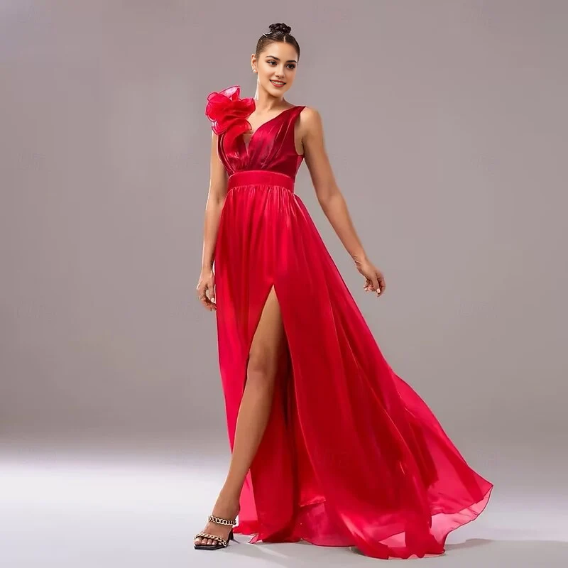 AABEI DRESS Formal Women's Dresses A-Line Sleeveless V Neck Evening Gown Elegant Floor Length Ruched Slit Shouder Flower Red Prom Dress
