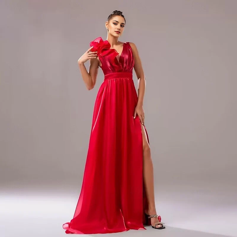 AABEI DRESS Formal Women's Dresses A-Line Sleeveless V Neck Evening Gown Elegant Floor Length Ruched Slit Shouder Flower Red Prom Dress