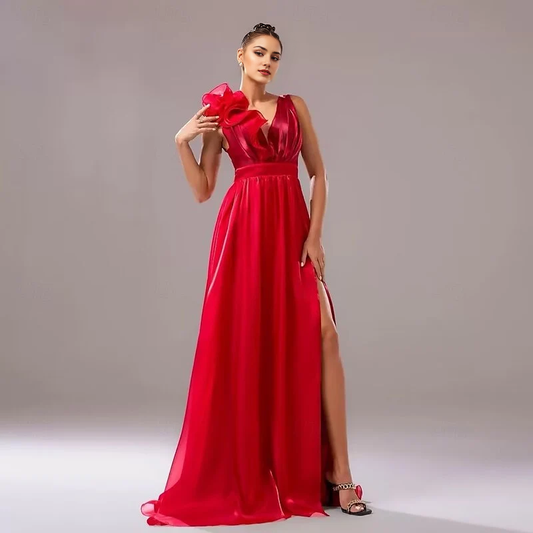 AABEI DRESS Formal Women's Dresses A-Line Sleeveless V Neck Evening Gown Elegant Floor Length Ruched Slit Shouder Flower Red Prom Dress