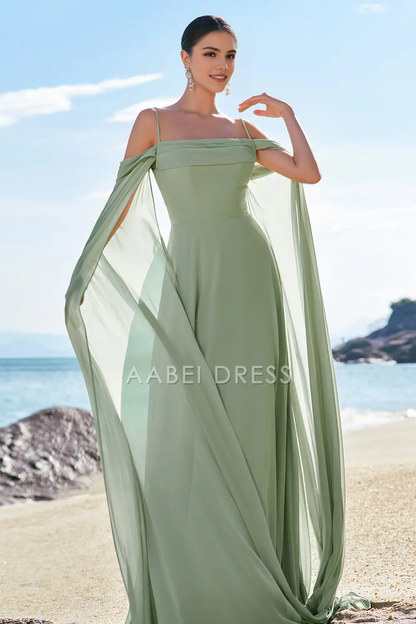 AABEI DRESS Formal Women's Dresses A-Line Spaghetti Strap Cold Shoulder Flutter Sleeves Fantastic Long Prom Dress