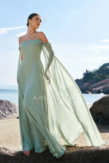 AABEI DRESS Formal Women's Dresses A-Line Spaghetti Strap Cold Shoulder Flutter Sleeves Fantastic Long Prom Dress
