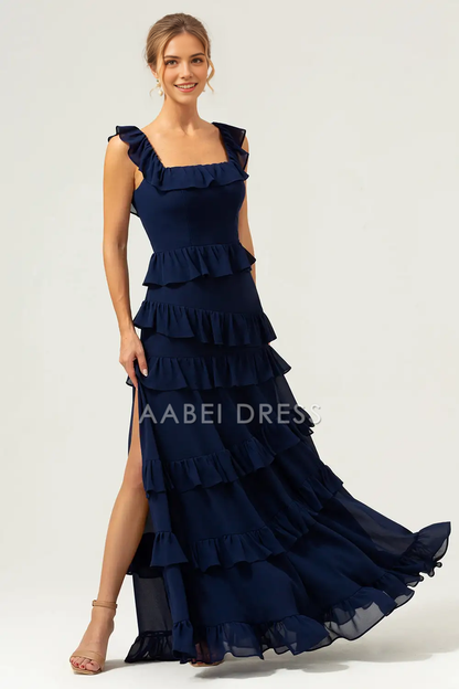 AABEI DRESS Formal Women's Dresses A-Line Square Neck Sleeveless Tiers Ruffleed With Slit Long Prom Dress