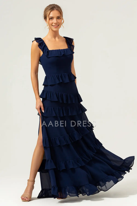 AABEI DRESS Formal Women's Dresses A-Line Square Neck Sleeveless Tiers Ruffleed With Slit Long Prom Dress