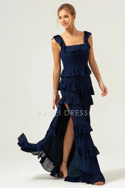 AABEI DRESS Formal Women's Dresses A-Line Square Neck Sleeveless Tiers Ruffleed With Slit Long Prom Dress
