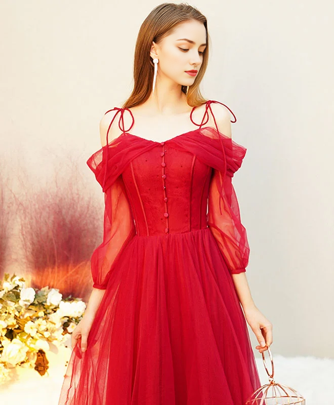 AABEI DRESS Formal Women's Dresses A Line Off Shoulder Spaghetti Strap Long Sleeves Exquisite Red Prom Dress