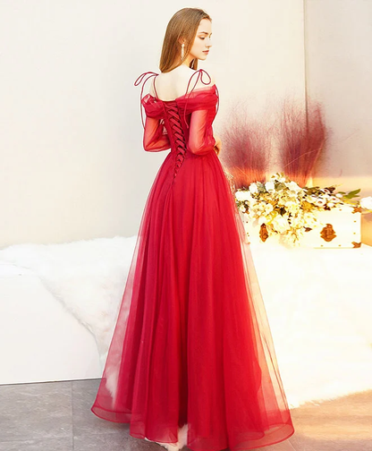 AABEI DRESS Formal Women's Dresses A Line Off Shoulder Spaghetti Strap Long Sleeves Exquisite Red Prom Dress