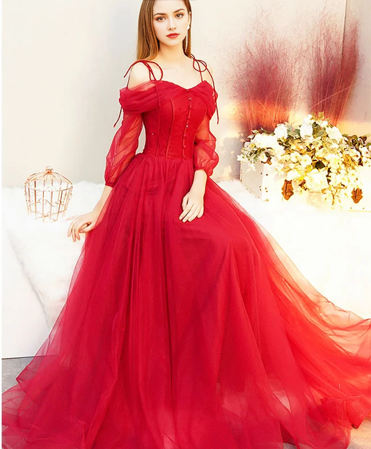 AABEI DRESS Formal Women's Dresses A Line Off Shoulder Spaghetti Strap Long Sleeves Exquisite Red Prom Dress