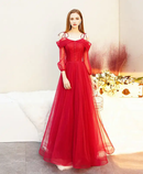 AABEI DRESS Formal Women's Dresses A Line Off Shoulder Spaghetti Strap Long Sleeves Exquisite Red Prom Dress