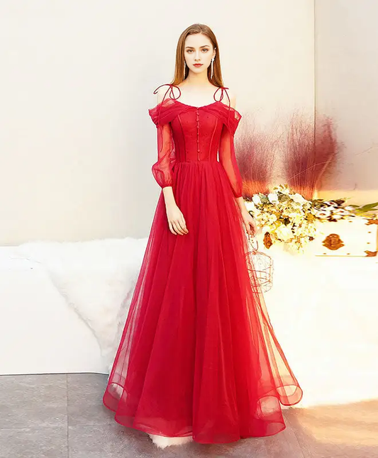 AABEI DRESS Formal Women's Dresses A Line Off Shoulder Spaghetti Strap Long Sleeves Exquisite Red Prom Dress