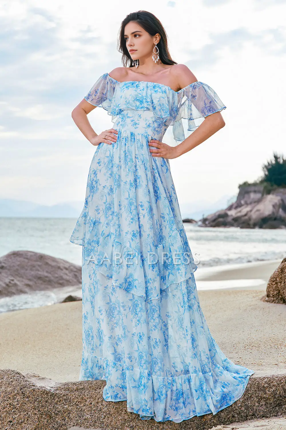 AABEI DRESS Formal Women's Dresses A Line Off The Shoulder Backless Ruffles Printing Boho Exquisite Long Prom Dress