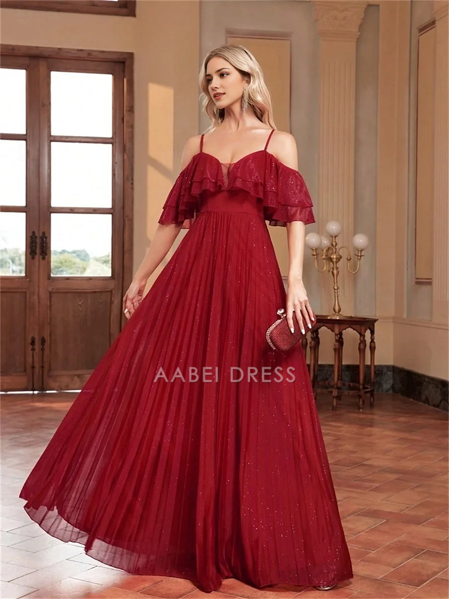 AABEI DRESS Formal Women's Dresses A Line Spaghetti Strap Sweetheart Ruched Floor Length Elegant Sparkle Red Prom Dress
