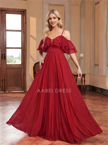 AABEI DRESS Formal Women's Dresses A Line Spaghetti Strap Sweetheart Ruched Floor Length Elegant Sparkle Red Prom Dress