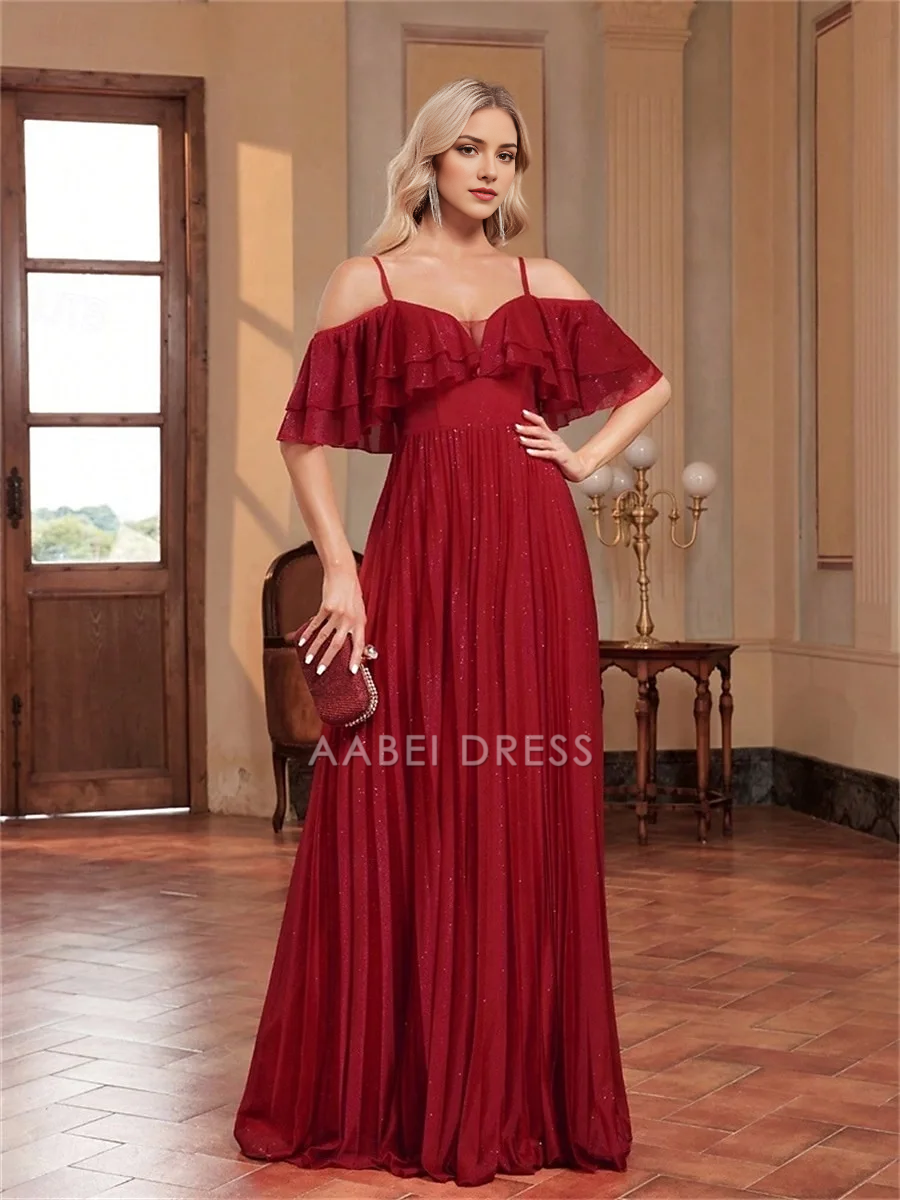 AABEI DRESS Formal Women's Dresses A Line Spaghetti Strap Sweetheart Ruched Floor Length Elegant Sparkle Red Prom Dress