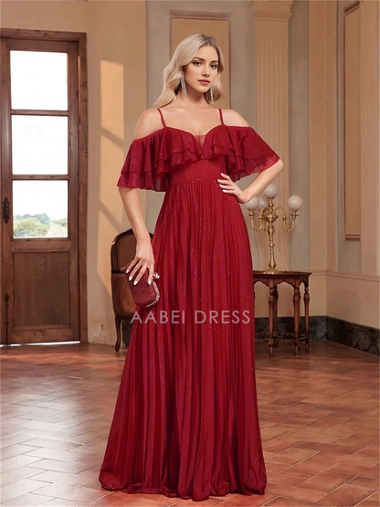 AABEI DRESS Formal Women's Dresses A Line Spaghetti Strap Sweetheart Ruched Floor Length Elegant Sparkle Red Prom Dress