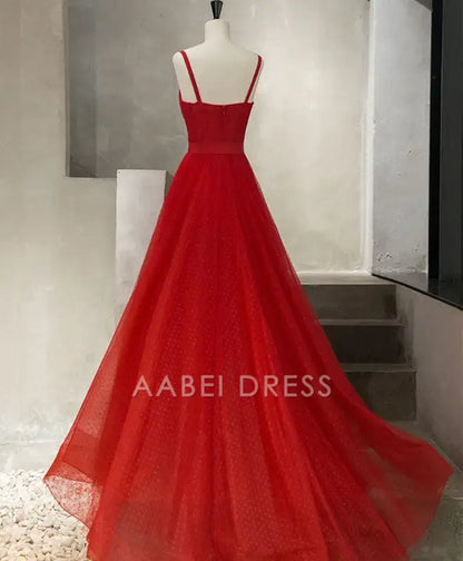 AABEI DRESS Formal Women's Dresses A Line Spaghetti Strap Tulle Long Evening Dress Exquisite Red Prom Dress