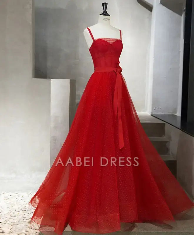 AABEI DRESS Formal Women's Dresses A Line Spaghetti Strap Tulle Long Evening Dress Exquisite Red Prom Dress