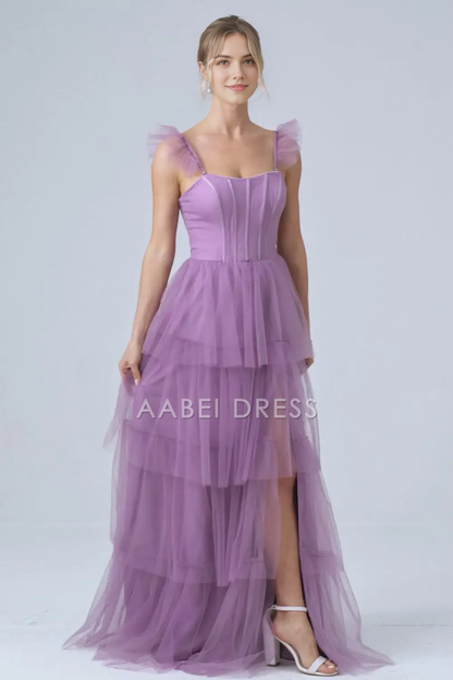 AABEI DRESS Formal Women's Dresses A Line Spaghetti Strap Tulle Tiered Pleated Backless With Slit Fantastic Long Prom Dress