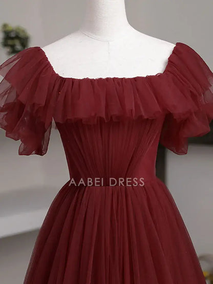 AABEI DRESS Formal Women's Dresses A Line Square Neck Ruched Sweep Train Burgundy Long Prom Dress