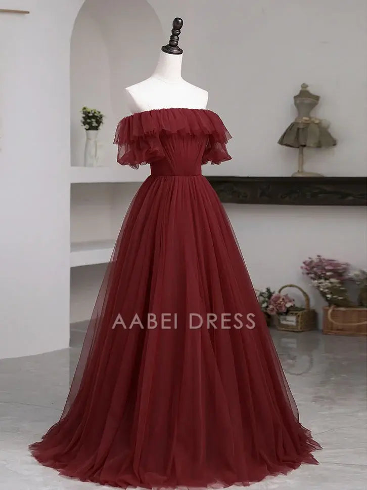 AABEI DRESS Formal Women's Dresses A Line Square Neck Ruched Sweep Train Burgundy Long Prom Dress