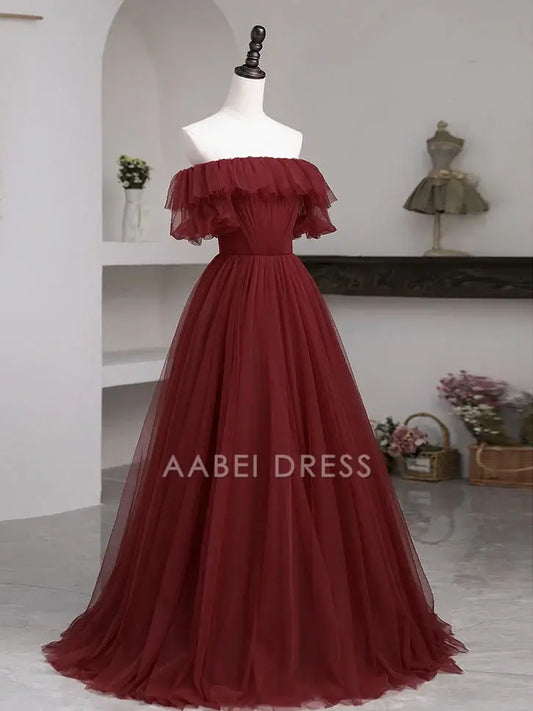 AABEI DRESS Formal Women's Dresses A Line Square Neck Ruched Sweep Train Burgundy Long Prom Dress