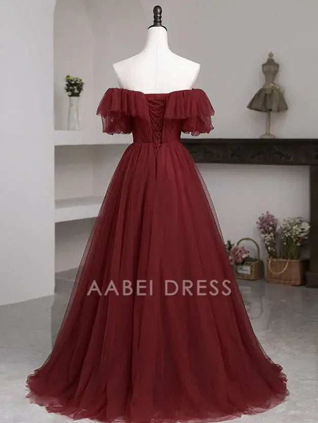 AABEI DRESS Formal Women's Dresses A Line Square Neck Ruched Sweep Train Burgundy Long Prom Dress