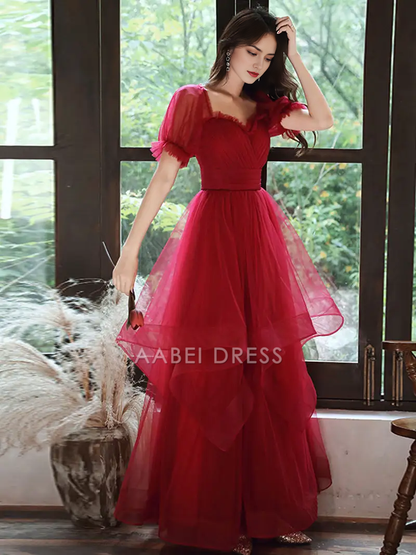 AABEI DRESS Formal Women's Dresses A Line Sweetheart Neckline Short Sleeve Lace Up Floor-Length Fantastic Burgundy Prom Dress