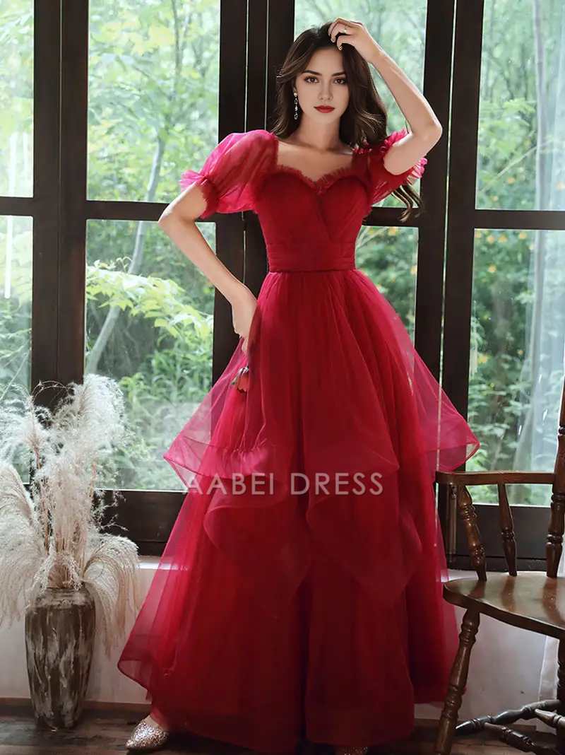 AABEI DRESS Formal Women's Dresses A Line Sweetheart Neckline Short Sleeve Lace Up Floor-Length Fantastic Burgundy Prom Dress
