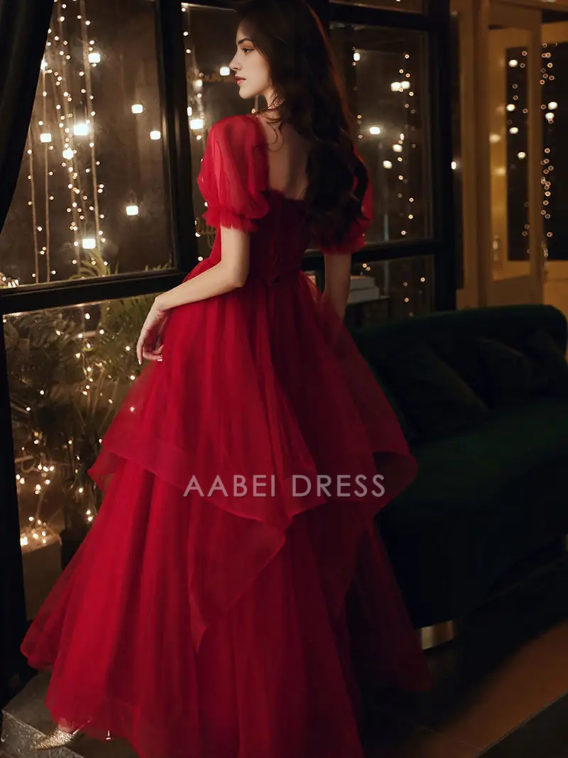 AABEI DRESS Formal Women's Dresses A Line Sweetheart Neckline Short Sleeve Lace Up Floor-Length Fantastic Burgundy Prom Dress