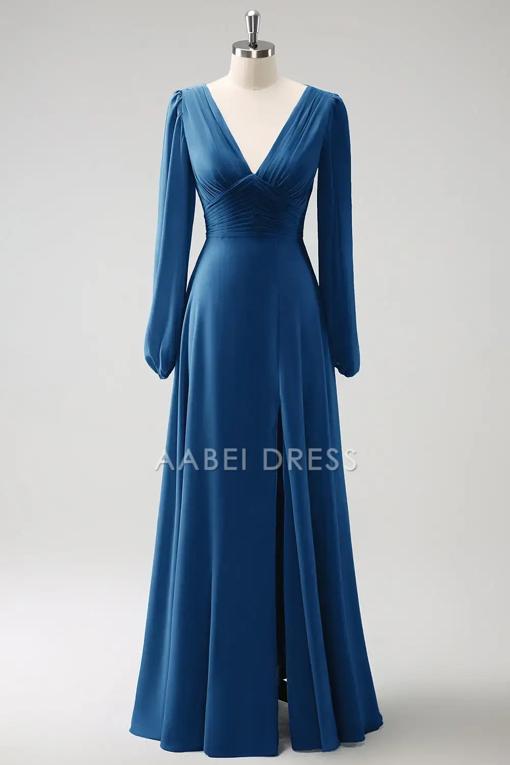 AABEI DRESS Formal Women's Dresses A Line V-Nack Pleated Long Sleeves Side Fork Elegant Long Prom Dress