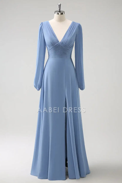 AABEI DRESS Formal Women's Dresses A Line V-Nack Pleated Long Sleeves Side Fork Elegant Long Prom Dress
