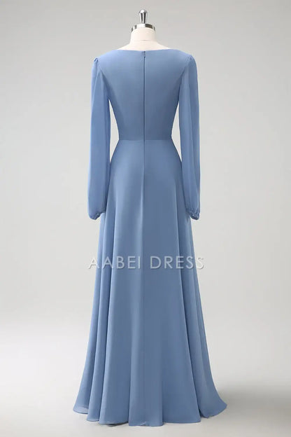 AABEI DRESS Formal Women's Dresses A Line V-Nack Pleated Long Sleeves Side Fork Elegant Long Prom Dress