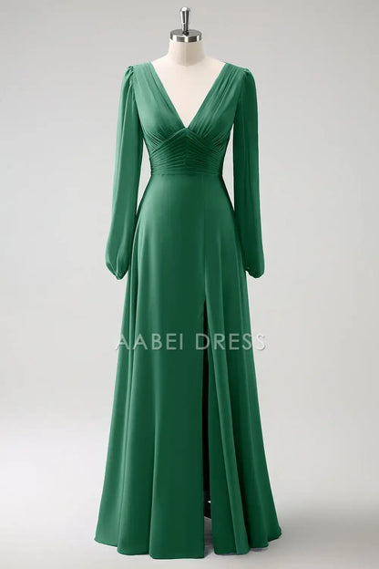 AABEI DRESS Formal Women's Dresses A Line V-Nack Pleated Long Sleeves Side Fork Elegant Long Prom Dress