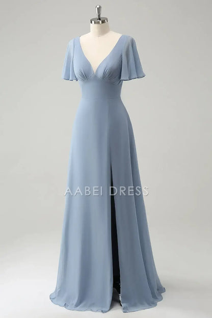 AABEI DRESS Formal Women's Dresses A Line V-Neck Flutter Sleeves Side Fork Hollow Out Back Elegant Long Prom Dress